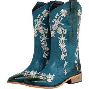 SheSole Womens Blue Floral Square Toe Cowboy Boots Cowgirl Boots Wide Calf